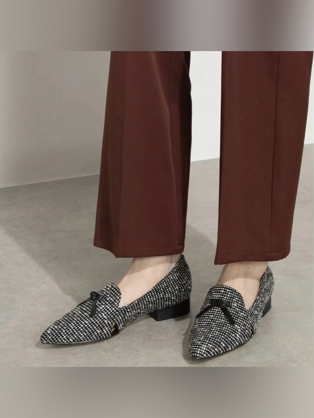 Classic Black and White Tweed Pointed Loafers | Cut Outs | Heel | Bow | 8.5